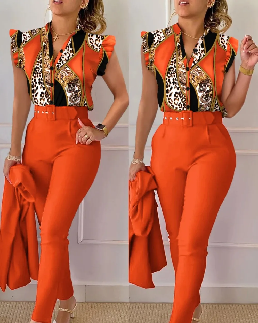 

New Summer Women Baroque Leopard Print Flutter Sleeve Top Pants Set 2024 Women V Neck Long Pants Two Piece Suit Female Ropa