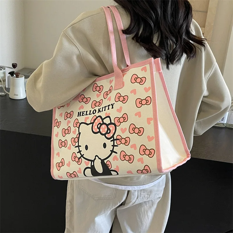 Torba damska torba Sanrio Hello Kitty modna pod pachami torby na ramię o dużej pojemności płócienne torebki dama Retro na zakupy na co dzień