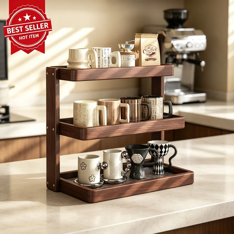 Three‑Tier Wooden Coffee Cup Holder Multipurpose Desktop Storage Rack for Kitchen Mugs Cosmetics Organizer