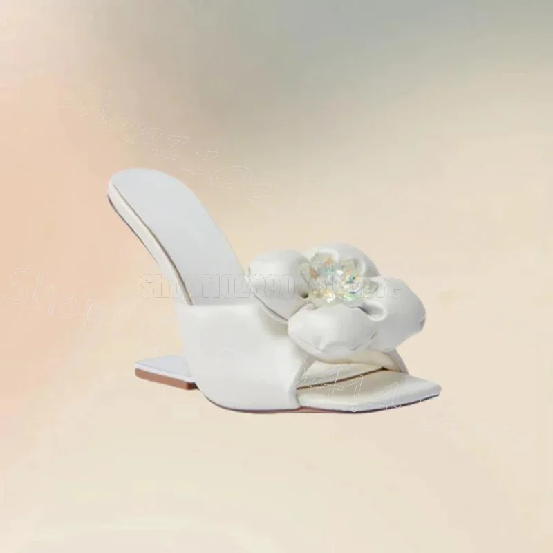 

White Crystal Flower Strange Style Heel Slippers Slip On Women Shoes Open Toe Novel Party Feast Dating 2025 Zapatos Para Mujere