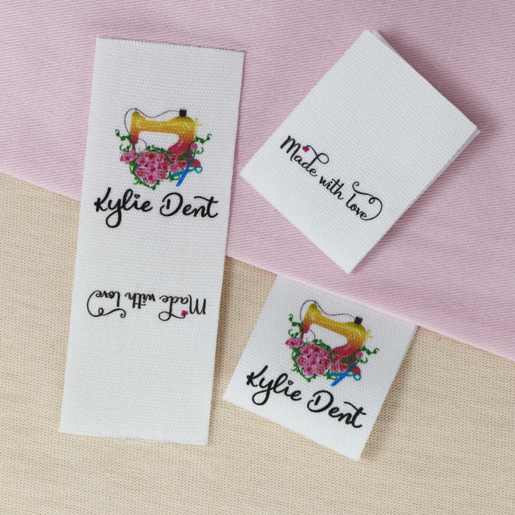 Sewing labels / Custom brand labels, Clothing Labels, Sewing Machine, Fabric 100% cotton, Custom text (FR085)