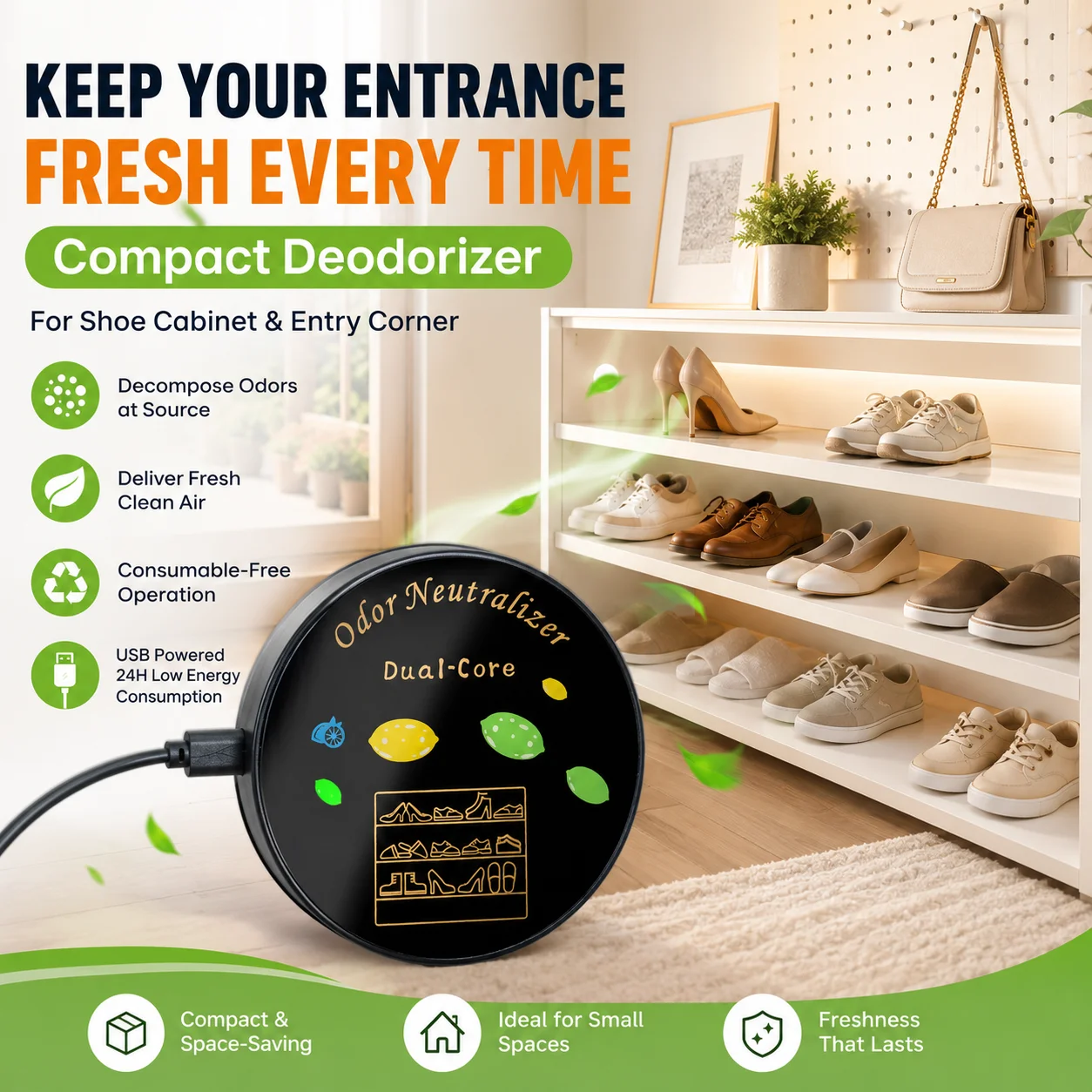 Odor Eliminator For Shoe Cabinet, USB Plug & Play Deodorizer, No Consumables Air Purification, Odor Neutralizer smell Purifier