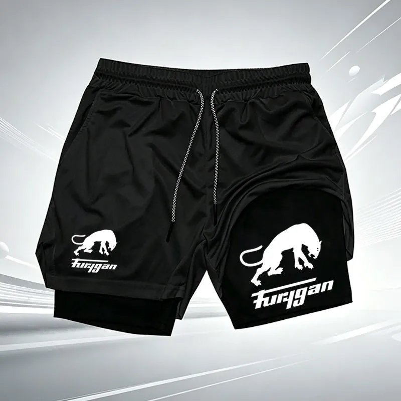 Men's Furygan Panther Print 2-in-1 Compression Shorts Quick Dry Breathable Running Gym Training with Built-in Liner wx221