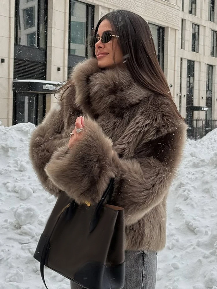 Women\'s Luxury Stand Collar Fack Fur Coat Fashion Long Sleeve High Street Short Jacket 2025 Elegant New Daily Commute Outerwears