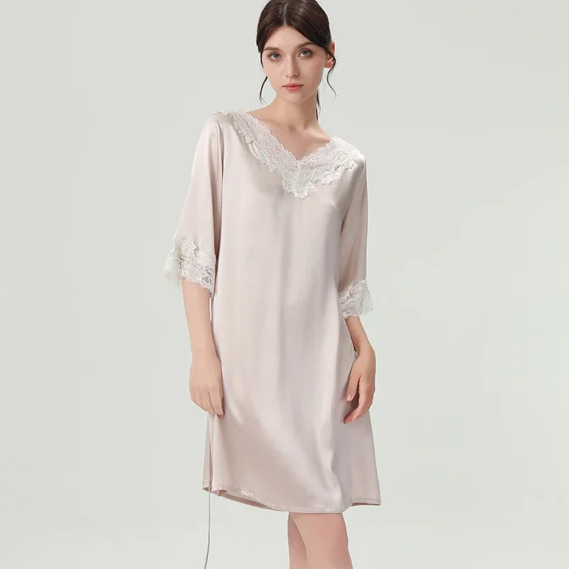 

19 мм 100% шелковая женская ночная рубашка, ночная рубашка с кружевной отделкой, рубашка с короткими рукавами, милая ночная рубашка, одежда для сна, сексуальное пижамное платье