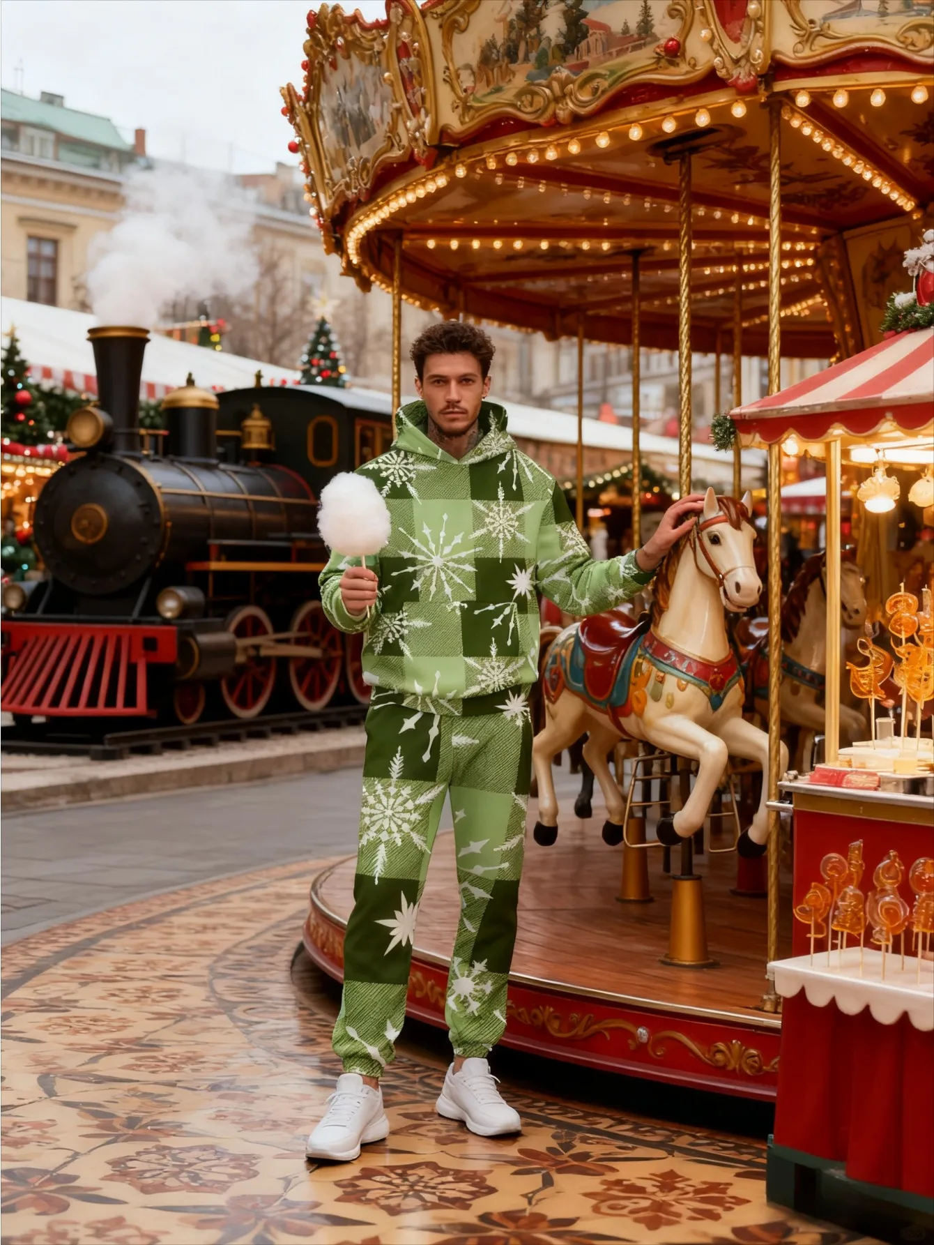 طقم بغطاء للرأس عصري مطبوع رقميًا للرجال مكون من قطعتين