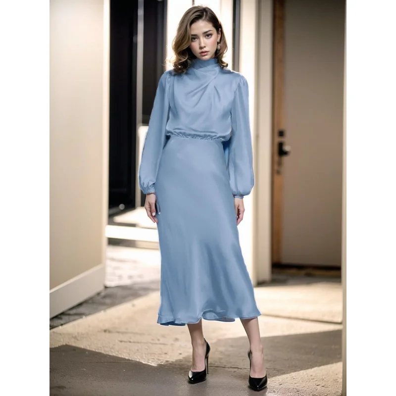 Women's Satin Long Sleeve Loose Dress, Elegant Women's Clothing, Evening Skirt, High-Grade Sense, Autumn, New, 2022