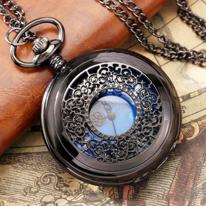 Hollow Starry Blue Dial Pocket Watch Vintage Necklace Best Gifts Fashion Clock New Men Women Exquisite Watches Relogios