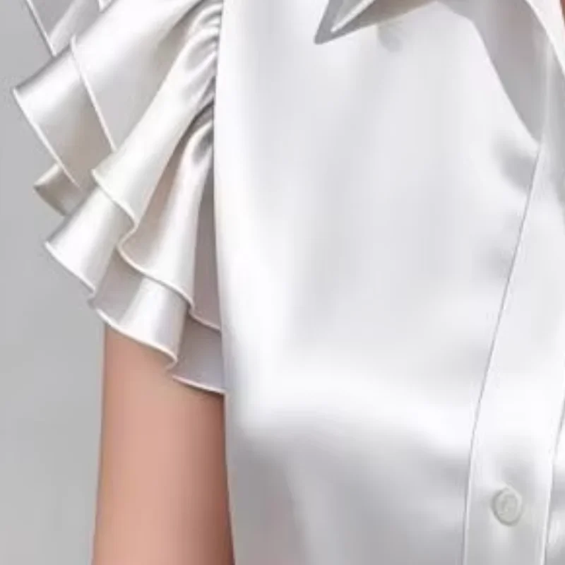 

Breathable Women Top Lapel Ruffle Single Breasted Shirt Tops Pure Color Smooth Satin Shirt Tops Daily Wear