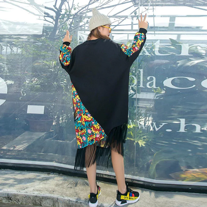 Women Long Sleeves Dress Loose Letter Printing Mermaids Pattern Splicing Lace Irregular Dress 2024 Spring Autumn LHX1022