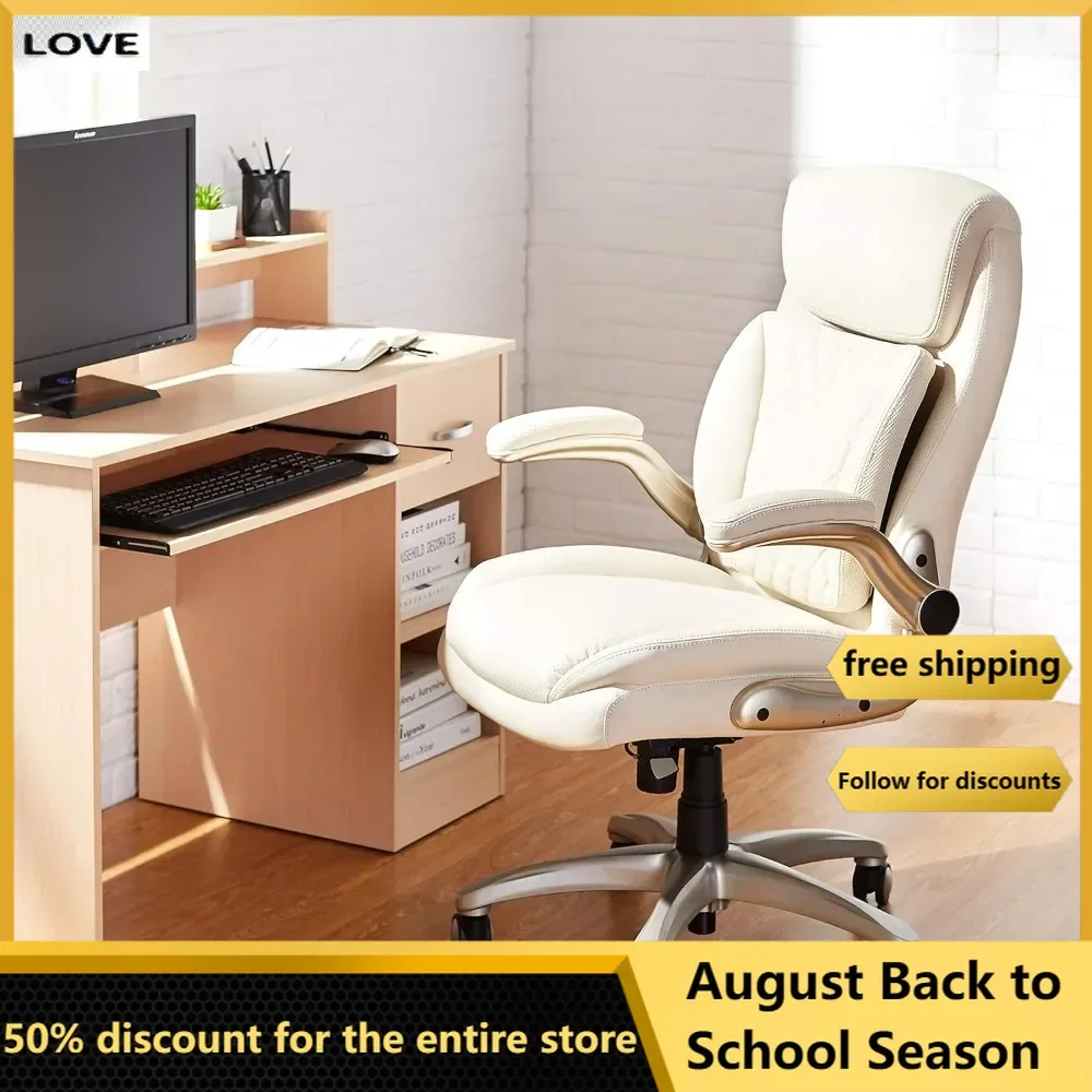 

Ergonomic Executive Office Desk Chair with Flip-up Armrests and Adjustable Height, Tilt and Lumbar Support, Cream Bonded Leather