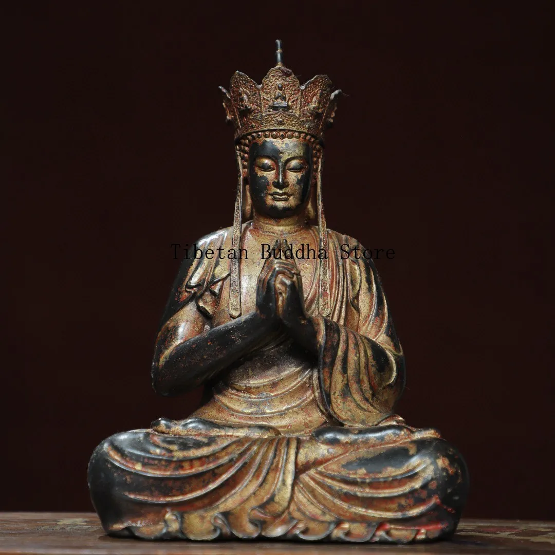 Tibetan old brass mud gold cinnabar painted Jizang King Bodhisattva sitting Buddha statue ornament Home hall supplies collection