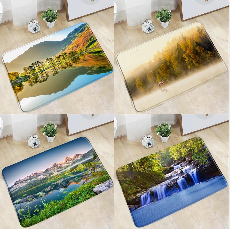 

Doormat Spring Landscape Bathroom Mat Forest Mountain Lake Waterfall Non-Slip Rug Flannel Home Deco Kitchen Doorway Aisle Carpet