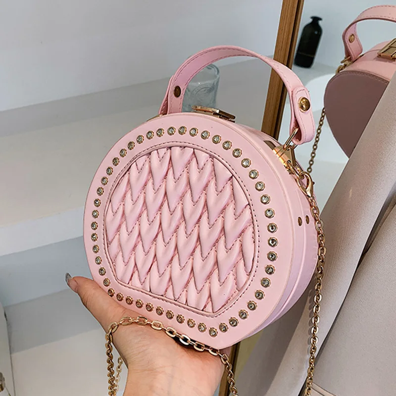 

Fashion Women Small Round Shoulder Bags Bling Crystal Crossbody Bags Chain Messenger Bags Female PU Leather Circular Handlebags