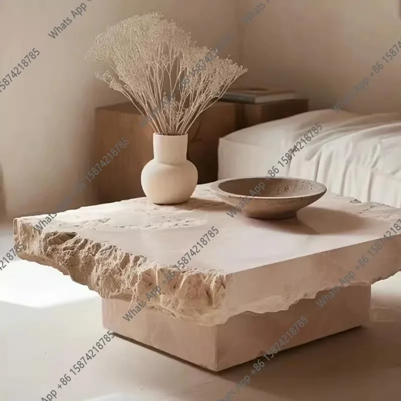 

W журнальный столик из натурального травертина, средневековый квадратный журнальный столик из травертина, простой ретро-художественный каменный столик с эффектом дробления