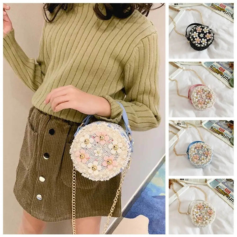 

Casual Metal Chain Flower Round Bag Woolen Lace Fresh Crossbody Bag Shoulder Pouch Pearl Mini Handbag Travel