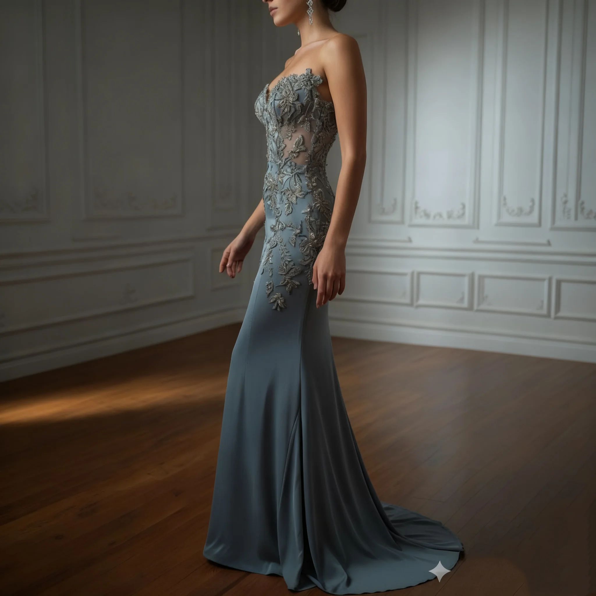 라이트 블루 새틴 이브닝 드레스 스윗하트 머메이드 공식 행사 드레스 우아한 꽃무늬 아플리케 비즈 장식 프롬 가운 맞춤 제작