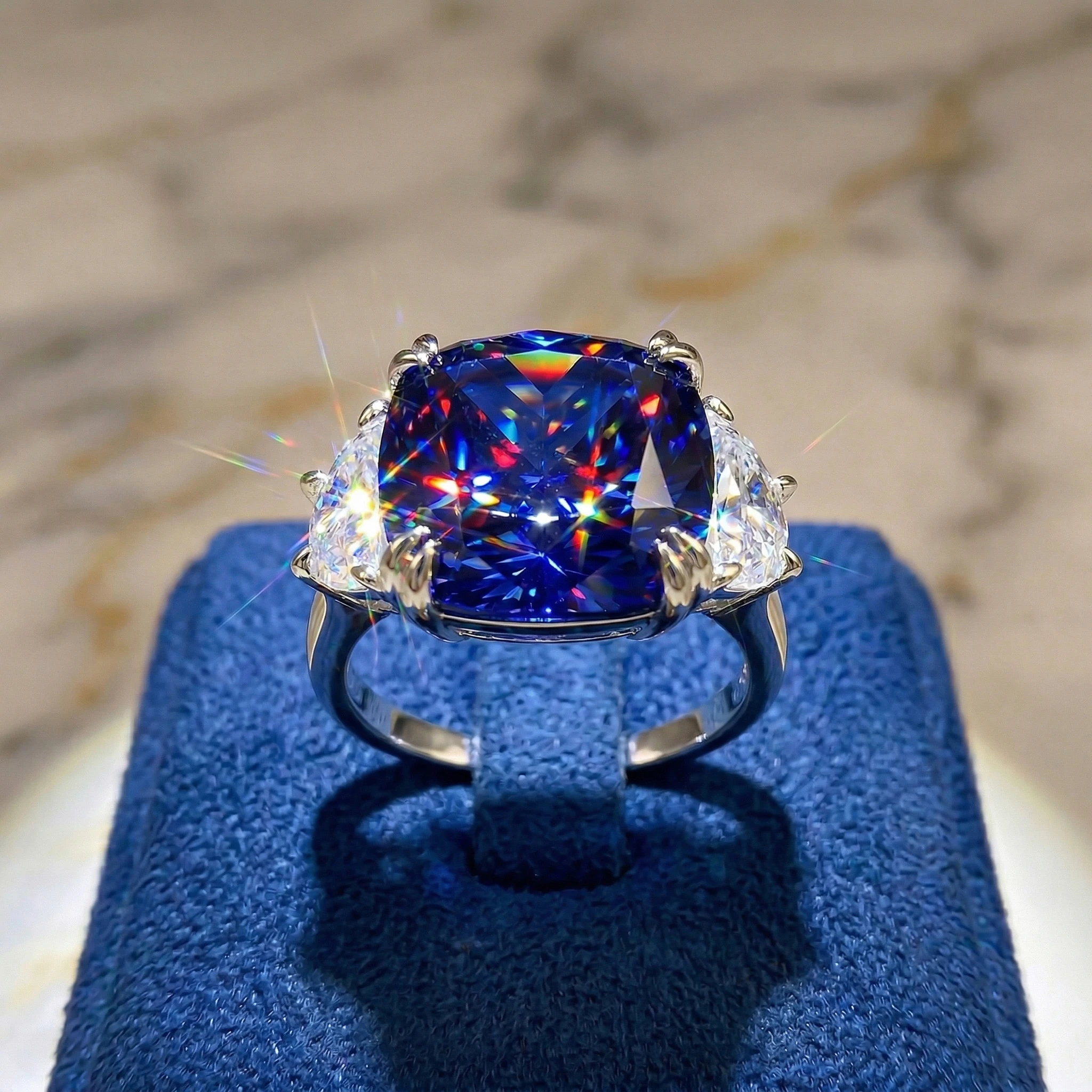 

Royal Blue CZ Ring, 925 Silver, 12x12mm Three Stone Cushion Cut, Light Luxury Jewelry Gift, Unisex, With Certificate