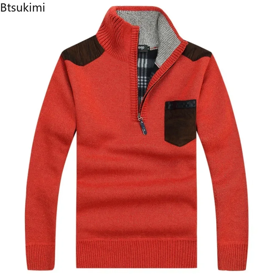 Men's Winter Sweaters Stand Collar Half Zipper Knitted Fleece Pullovers Long Sleeve Pocket Casual Jumper Thick Clothing for Men