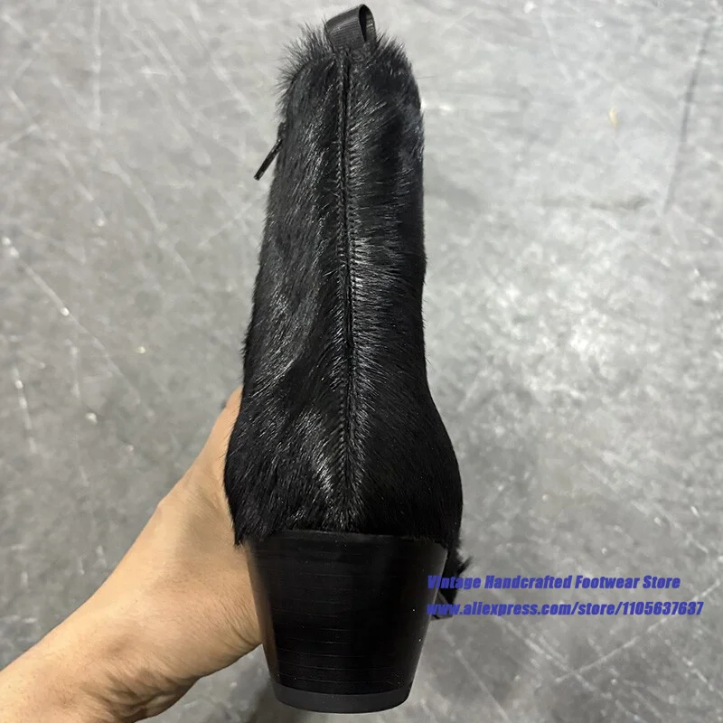 Men's Black Horse Hair Ankle Chelsea Boots Pointy Toe Side Metal Zipper Booties Party Club Boots Vintage Handcrafted Men's Boots