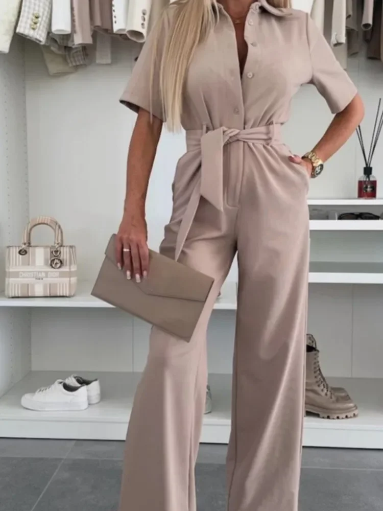 

Spring Summer Fashion Simple Solid Color Jumpsuit Women's Shirt Collar Short-sleeved Tie Temperament Commuting Jumpsuit Trousers