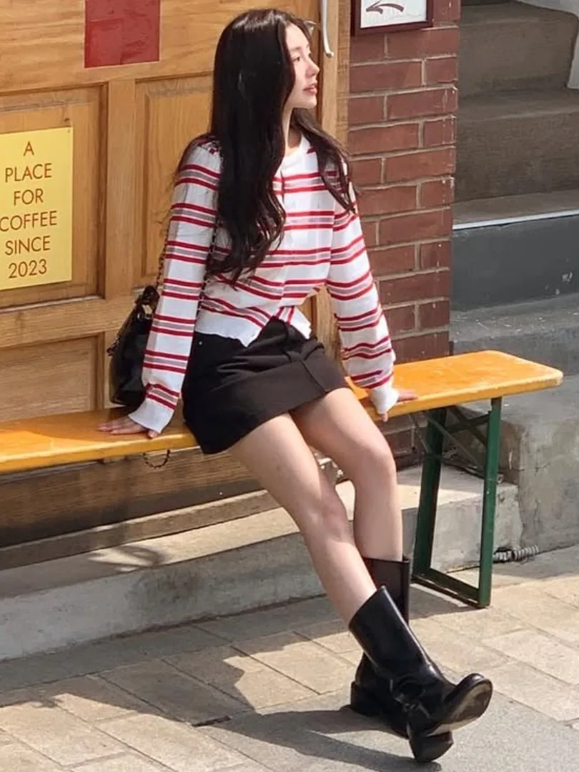 

Dongda Gate Spring New Retro round Ne Color Blo Striped Long Sve Knitted Open Cardigan Women's Top Quali Fabric