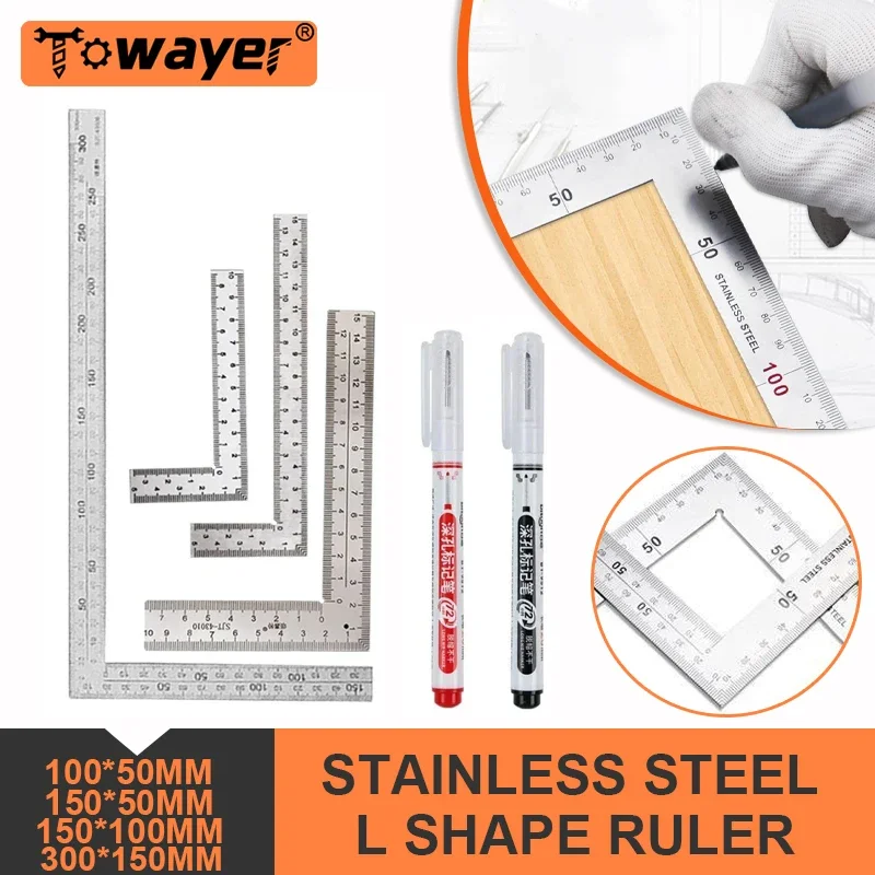 

90 Degree Angle Ruler Stainless Steel L Shape Ruler Double Sided Scale Ruler Measuring Tool Metal Straight Woodworking Tools