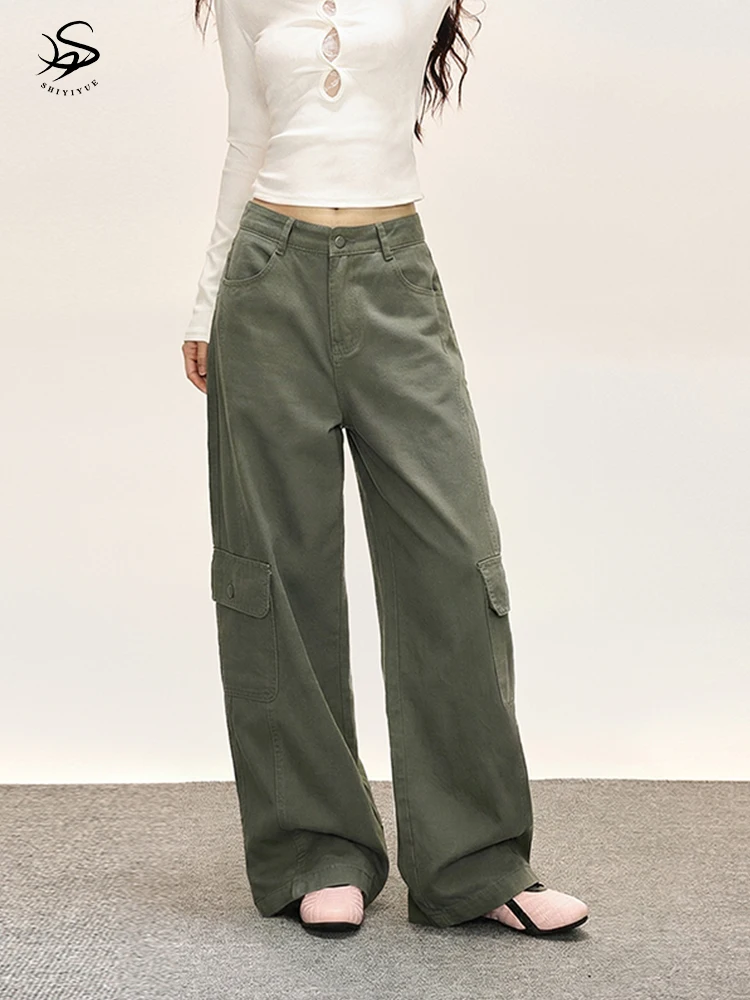 

Loose High Waist Straight Leg Workwear Pants Women's Autumn Winter Military een Casual Wide Leg Long Trousers