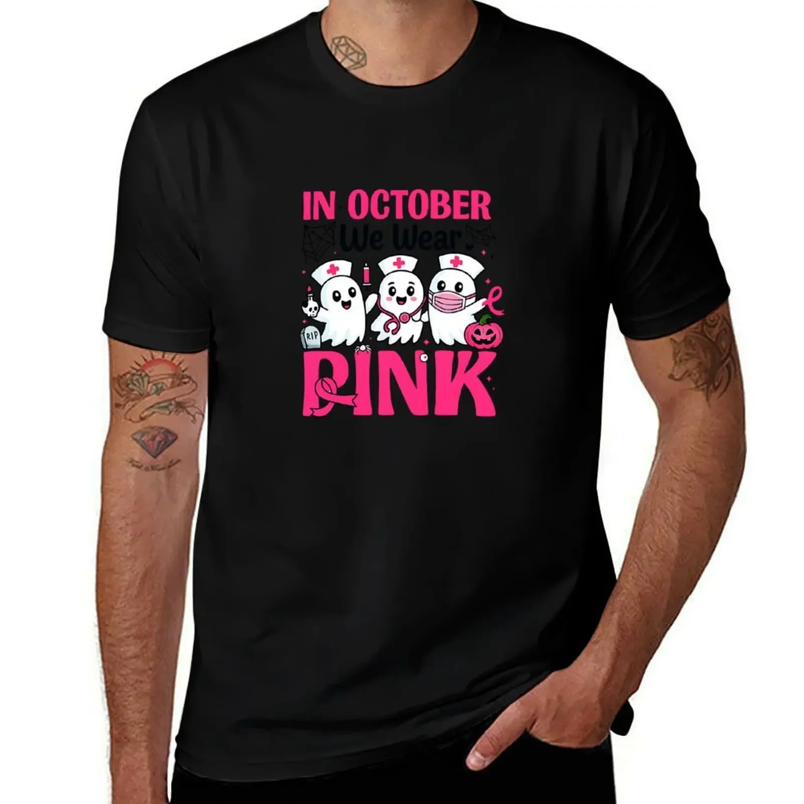 

October We Wear Pink Nurse Breast Cancer Awareness Halloween T-Shirt custom t shirt plus size clothes funny t shirts for men
