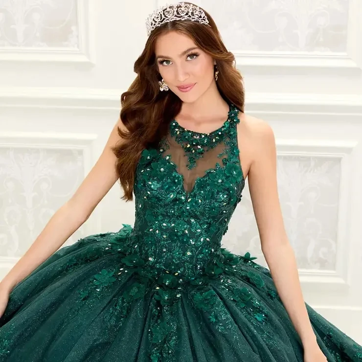 Green Quinceanera Dresses Ball Gown Scoop Tulle Appliques Puffy Mexican Sweet 16 Dresses Charro 15 Anos Customized