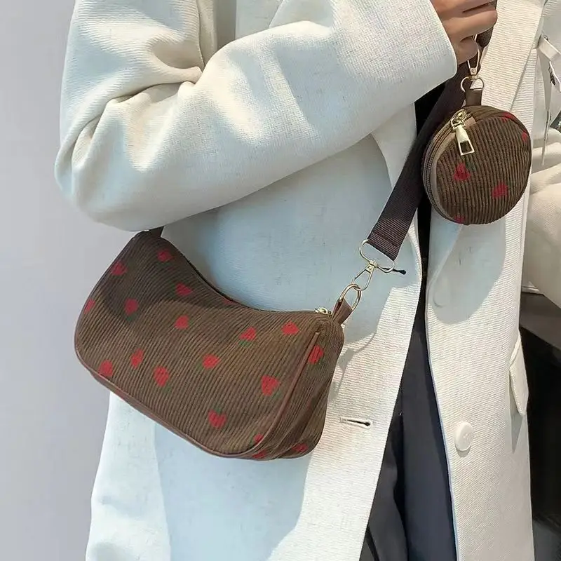 Women Small Corduroy Handbag Cute Strawberry Print Tote Underarm Bag Fashion Design Fresh Ins Purse Student Travel Shoulder Bag