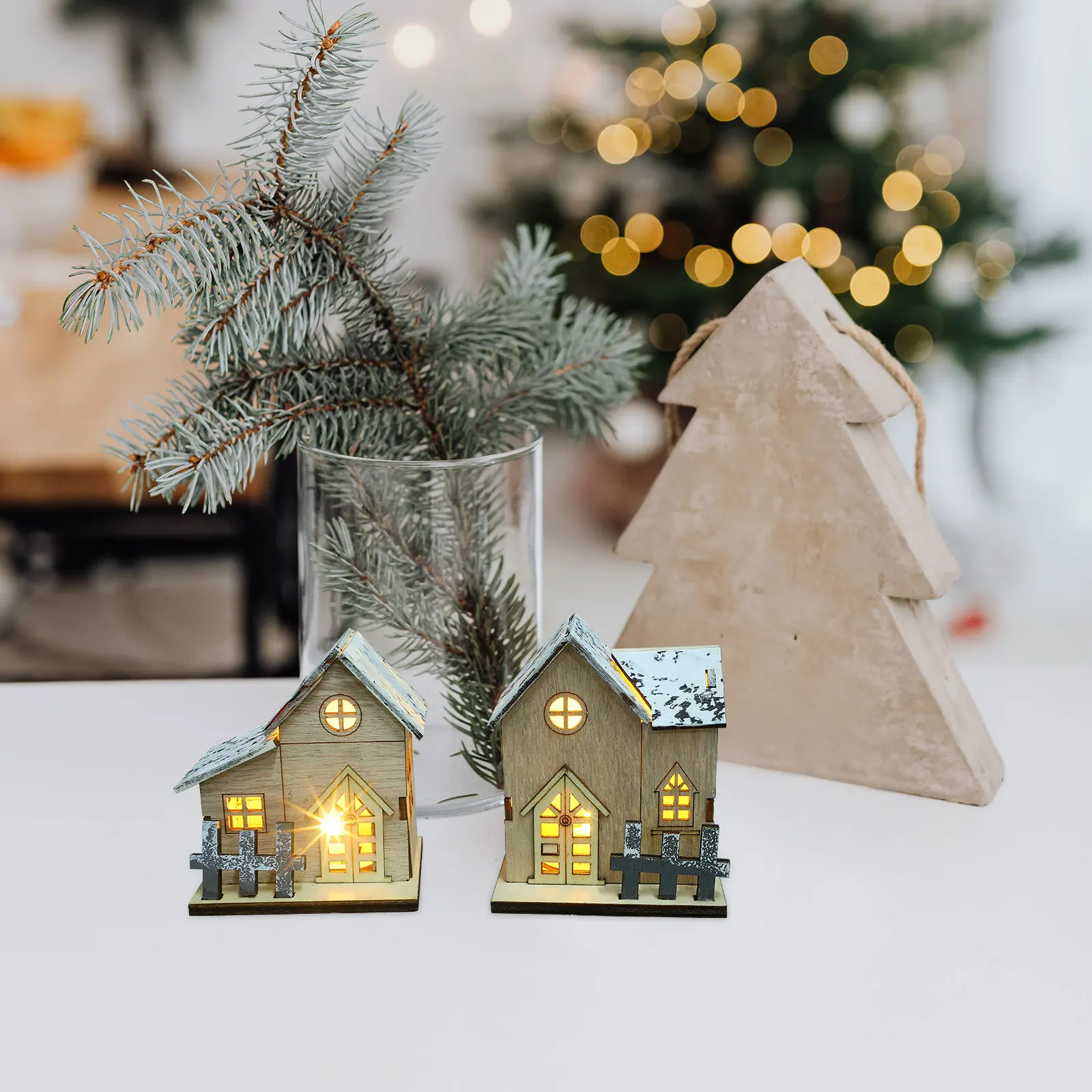 

2Pcs Luminous House Ornament Christmas Wooden House Decor Flat Bottom Desktop Decor for Bedroom Living Room Xmas Party Indoor