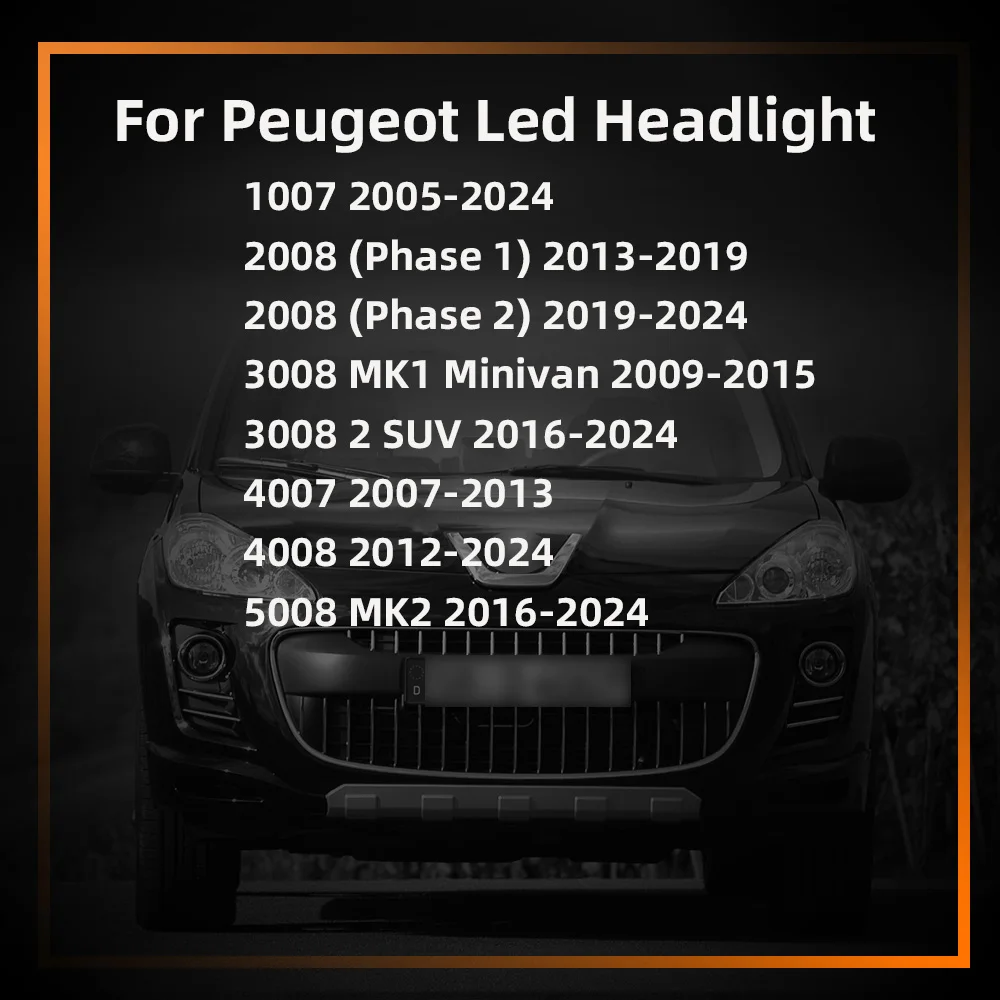 2pcs Led Headlight For Peugeot 1007 2008 3008 4007 4008 5008 High / Low Beam 2005-2016 2017 2018 2019 2020 2021 2022 2023 2024