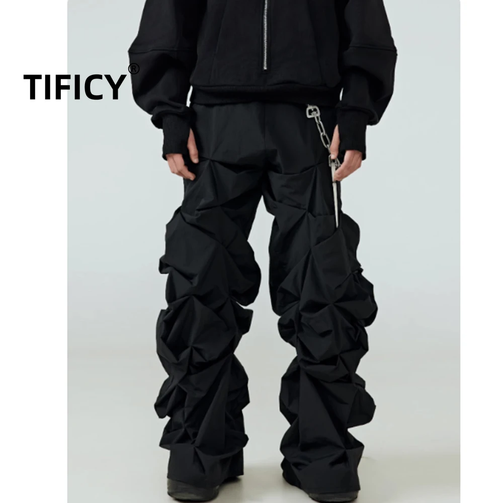 

High Street 25SS 3D Stereoscopic Pants Men's Dark Avant-garde Design and Pleated Design Black Wide Leg Pants Casual Pants