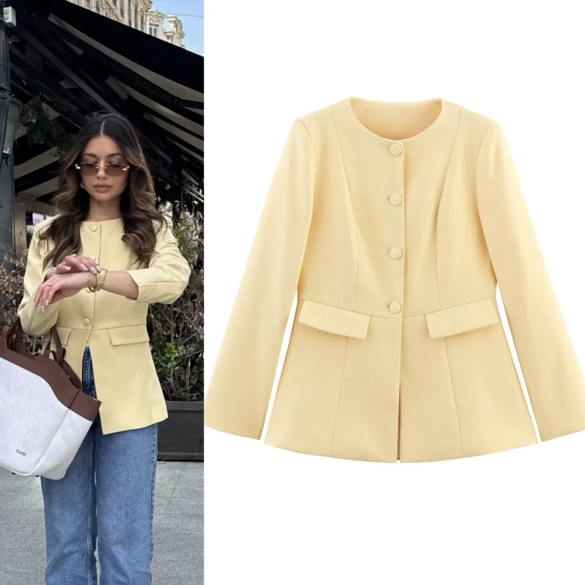 Pale Yellow Round Neck Blazer Single Breasted Matching Buttons Slim Waist Elegant Office Commuter Suit Jacket Outerwear 202606H