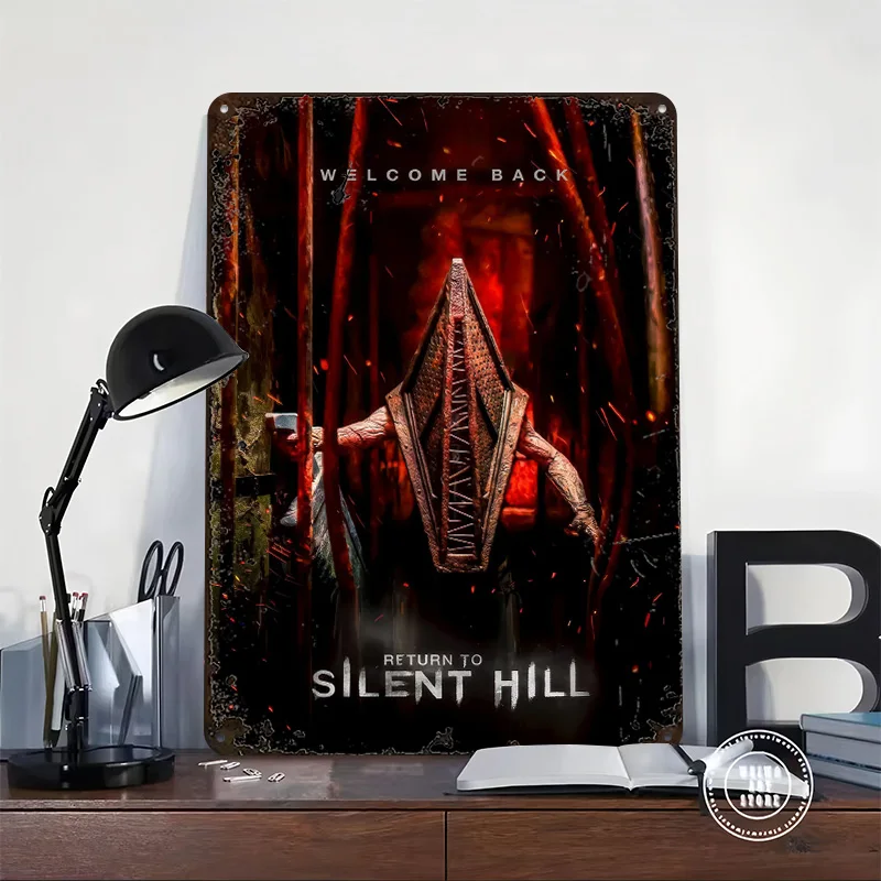 Pyramid Head Welcome Back Silent Hill 3D Printed Texture Poster Personalized Wall Art Retro Metal Tin Signs for Room Accessories