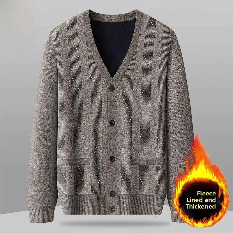 

Мужской вязаный кардиган с V-образным вырезом на подкладке, повседневная одежда на осень и зиму для папы и папы, повседневная одежда для поездок на работу
