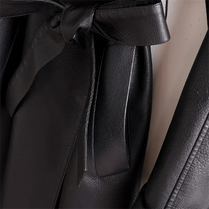 2025 인조 가죽 트렌치코트 여성용 엑스트라 롱 오버코트 봄 가을 배색 레오파드 칼라 허리끈 바람막이 스트리트웨어