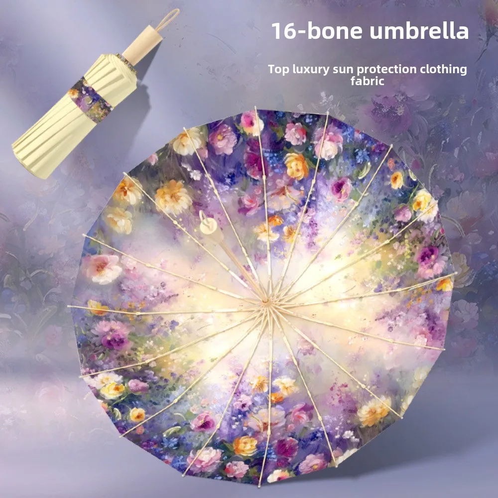 NEW 16-Rib Floral Oil Painting Umbrella - Color Coated UV Sun Protection Parasol for Women, Compact Folding Rain & Shine Proof