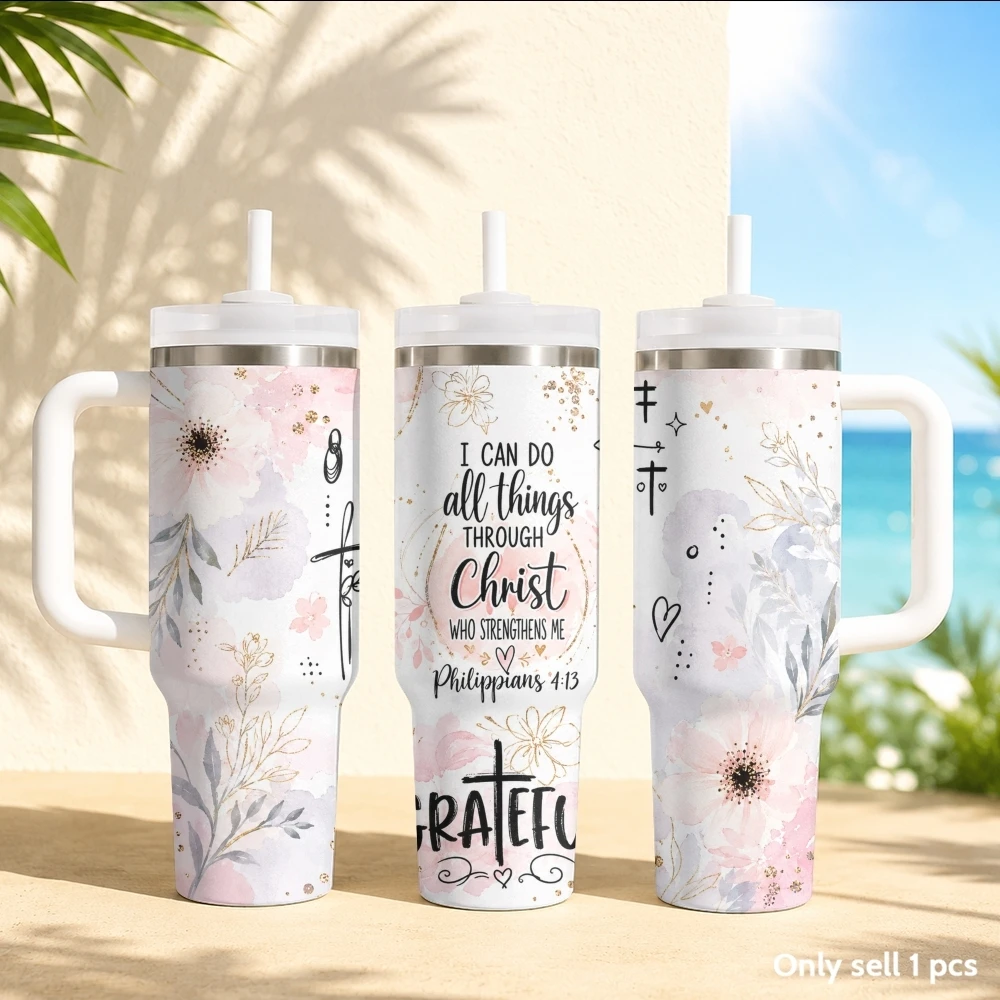Christ's Prayer Text Vacuum Flasks 40oz Stainless Steel Insulated Tumbler with Handle & Straw Leakproof Travel Mug