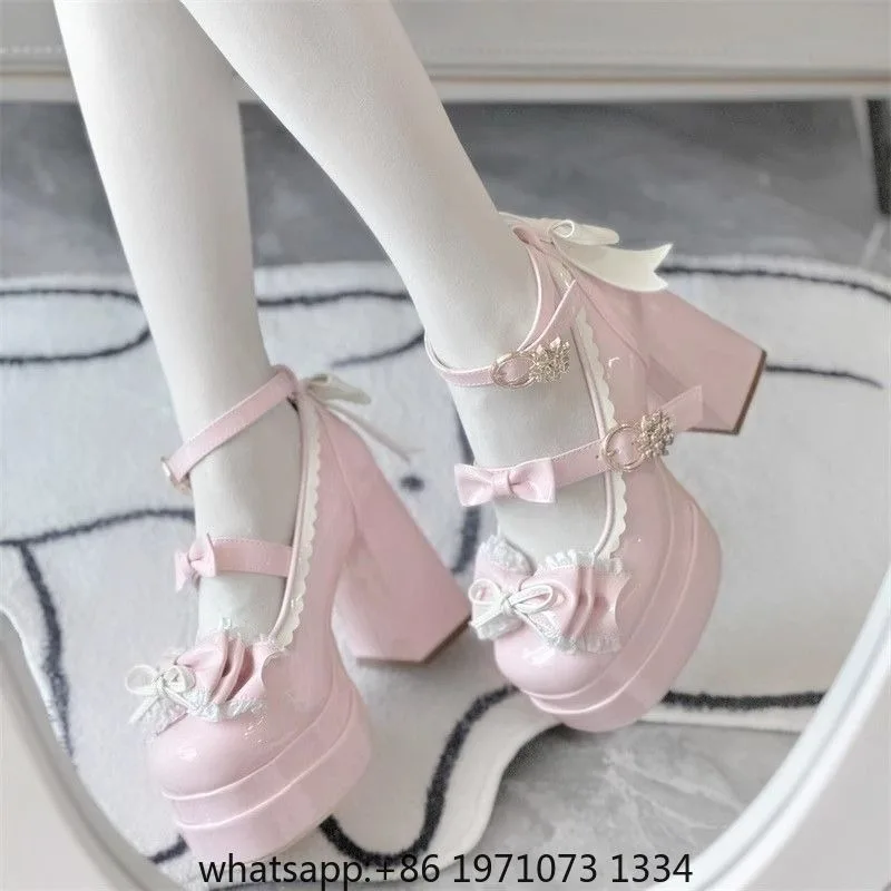 Lovely Girls Lolita Bowknots Platform Block Heels Shoes Platform ,Female Students Sweet High-heeled Delicate Elevator Mary Janes