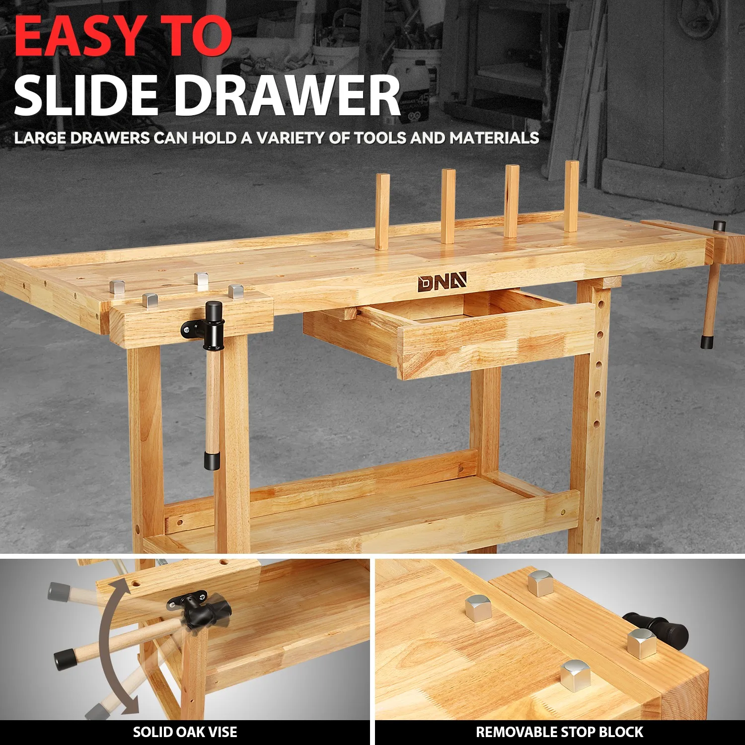 Banco da Lavoro in Rovere Resistente 60" x 25" con Cassetti e 2 Maniglie Regolabili