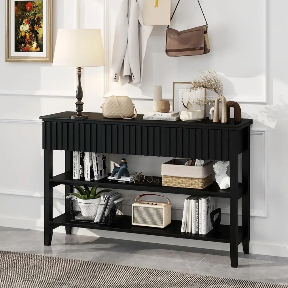 Narrow Long Wood Entryway Table with 3 Drawers and 2-Tier Storage for Living Room, Hallway (Black)