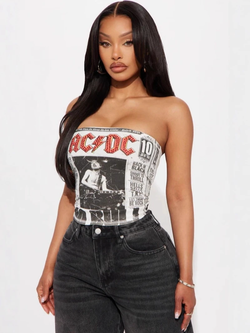 

STYLISH LADY Letter Printed Crop Tops 2025 Summer Women Strapless Backless Slim Clubwear Street Hip Hop T Shirts Tees
