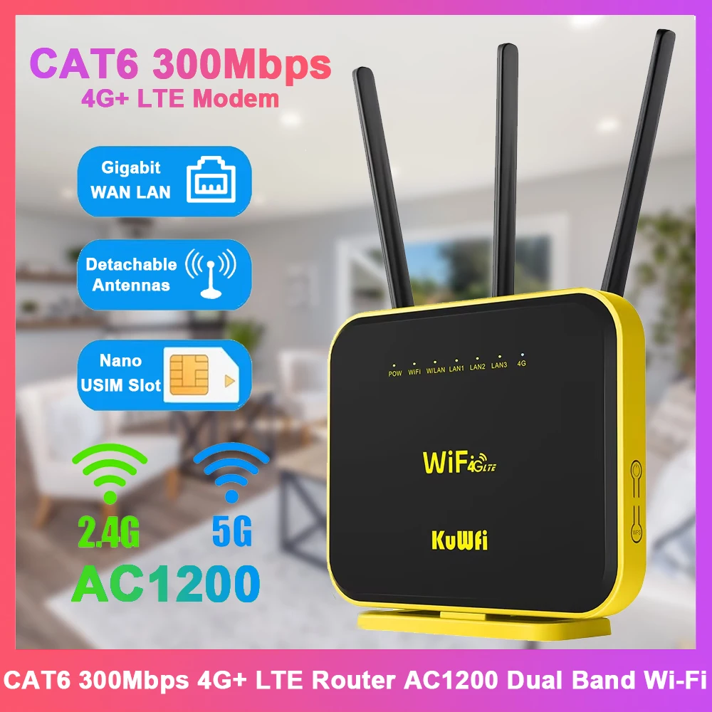 KuWFi CAT6 300Mbps 4G LTE راوتر AC1200 2.4G 5 جيجا هرتز WiFi 4G + مودم جيجابت إيثرنت ميناء هوائيات قابلة للفصل AP مكرر الوضع VPN