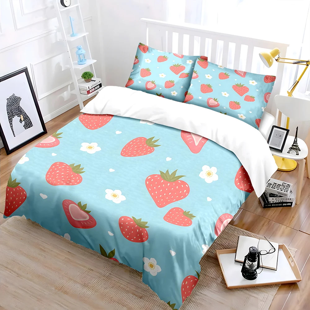 Strawberries, flowers, and heart shapes Print Soft Comfortable Duvet Cover Bedding Set Included 1*Duvet Cover  2*Pillowcases