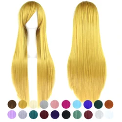 Peluca de Cosplay de pelo Natural largo y liso para mujer, peluca amarilla con flequillo, fiesta de disfraces de Halloween, 80cm