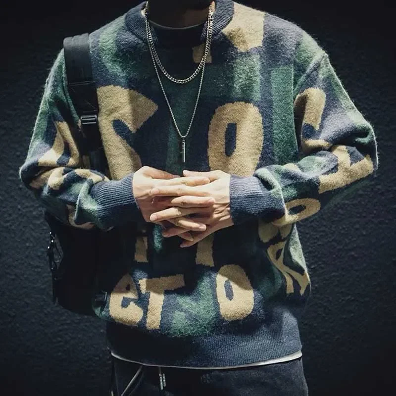 

LIBIELIY Fashion O-Neck Spliced Color Letter Sweaters Men's Clothing 2025 Winter Loose Knitted Casual Pullovers All-match Tops