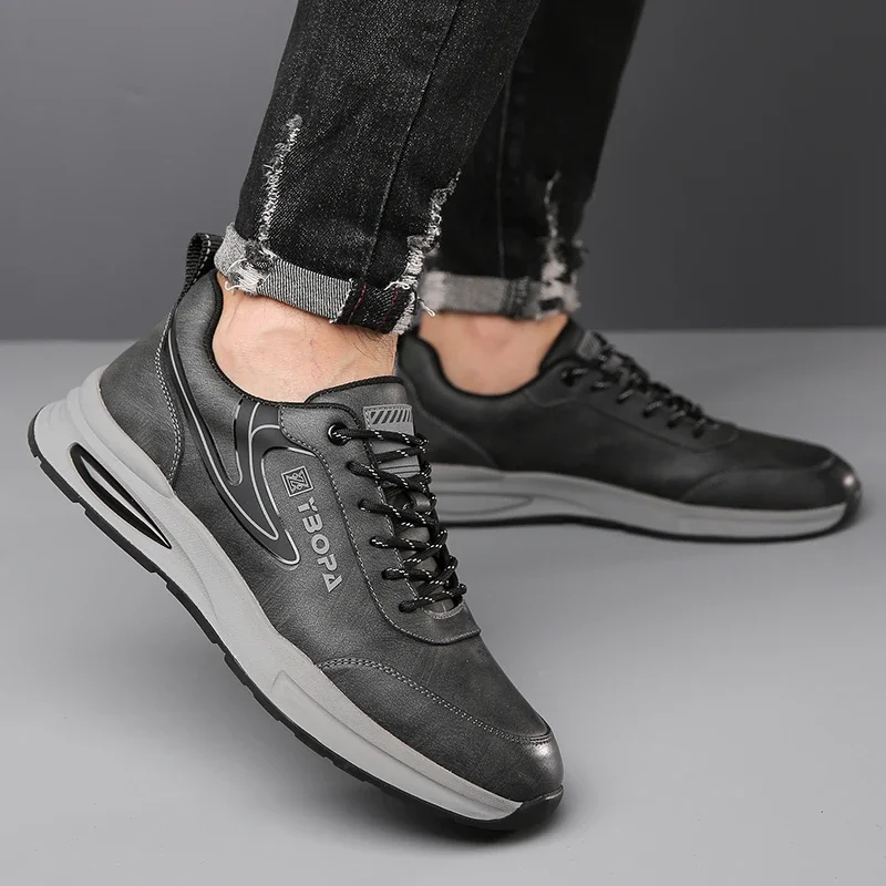 High Quality Brand Men\'s Genuine Leather Casual Shoes Thick Soled Wear-resistant Hiking Shoes Trendy Gray Sports Shoes for Men’s