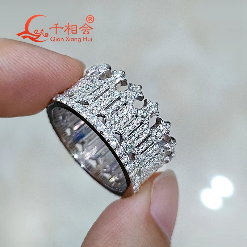 

12mm Fashion crown S925 silver ring D VVS Moissanite hip hop Ring Men women Diamonds Male fine Jewelry gift dating weding